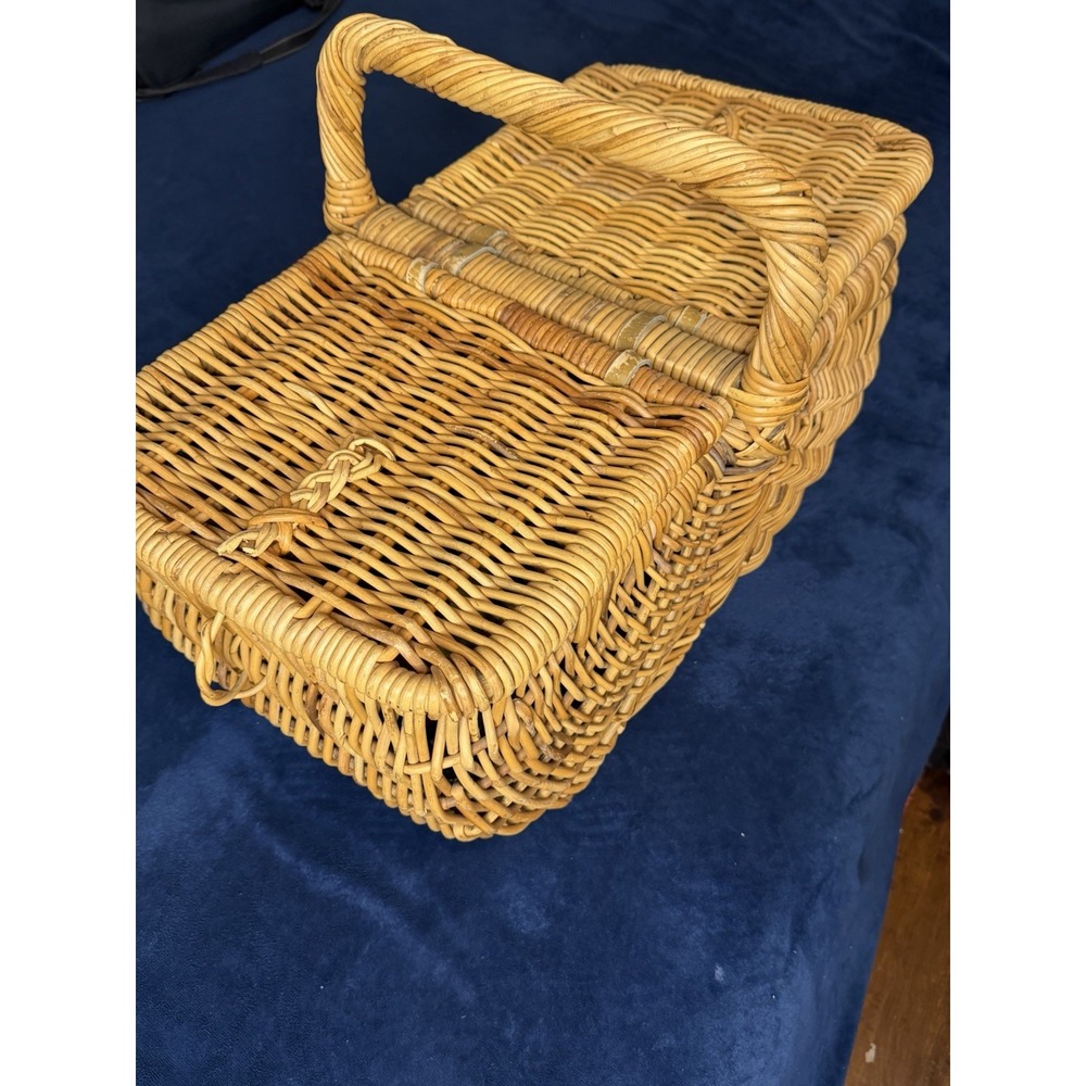 Large Italian Wicker Picnic Harvest Basket Handcrafted Brown Double Lid Rustic